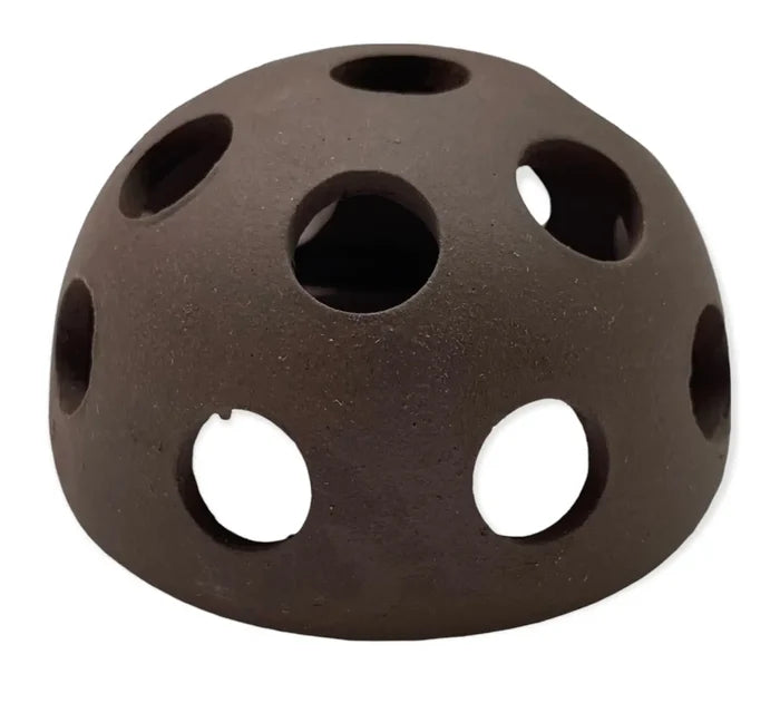 Dark brown ceramic aquarium shrimp hut with dome shape and multiple circular holes for shrimp habitat
