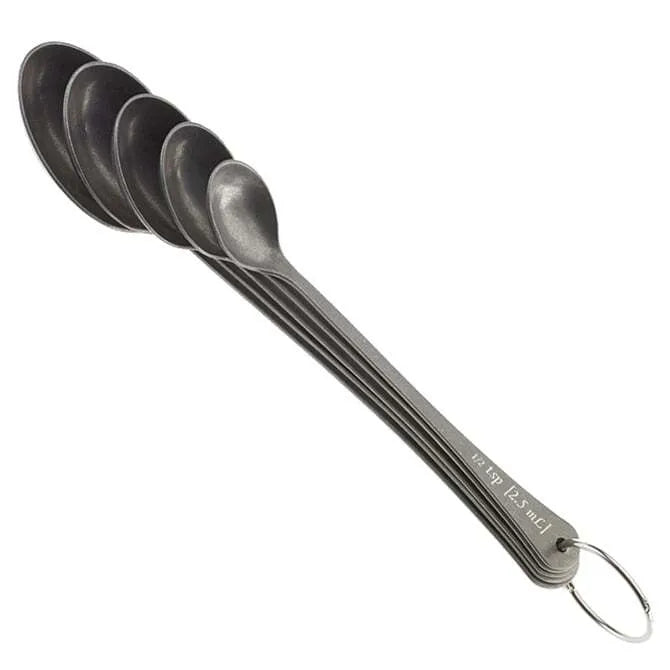 Barfly Measured Bar Spoon Set, 5 Spoons on Ring on white background.