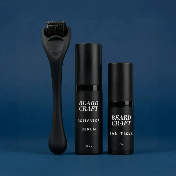 Beard Craft skjeggvekstsett med roller, serum og renser mot mørk bakgrunn
