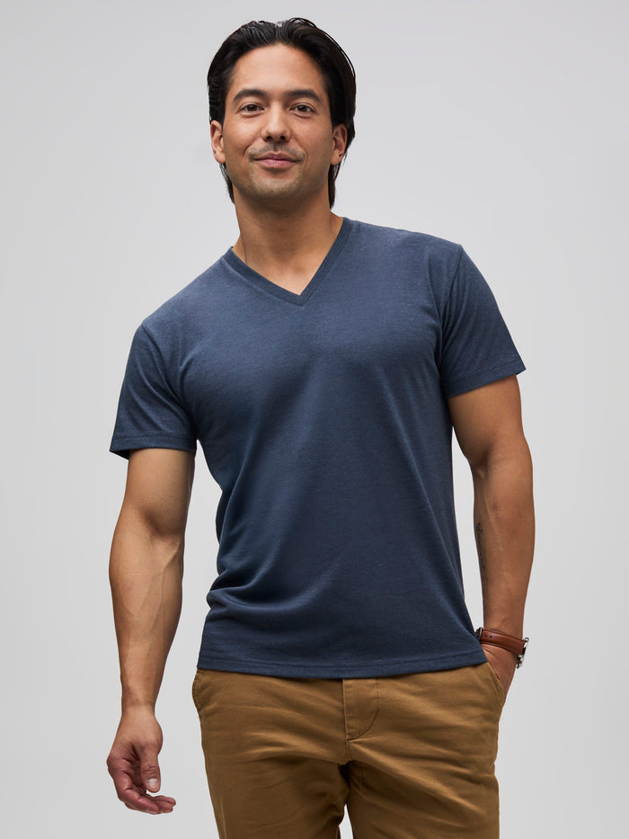 Kai is 5'8" and wears a size Medium Short  # Navy V-Neck now available in Short Length | Fresh Clean Threads