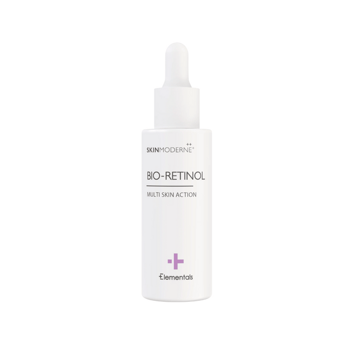 A white dropper bottle of Bio-Retinol | Skin Moderne skincare serum with minimalist design and subtle purple accents for multi skin action.
