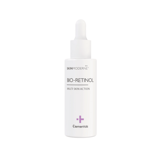 A white dropper bottle of Bio-Retinol | Skin Moderne skincare serum with minimalist design and subtle purple accents for multi skin action.