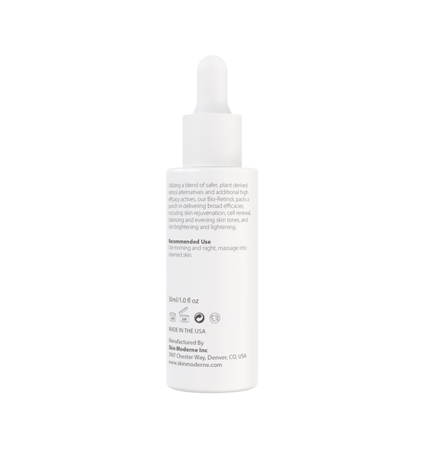 White dropper bottle of Bio-Retinol | Skin Moderne skincare product featuring label text about plant-derived retinol alternatives and directions for use on a white background.
