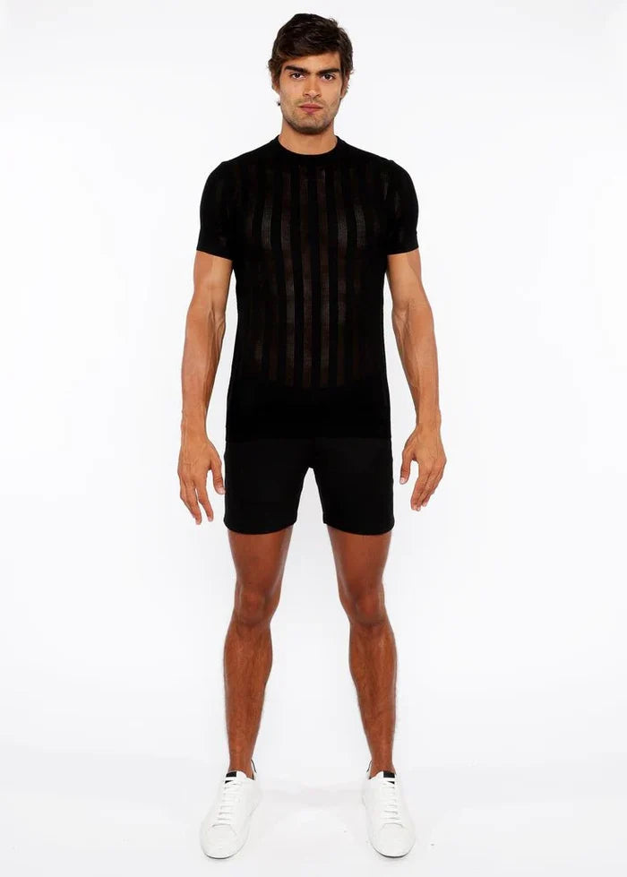 Black Textured Knitted Crew Tee St-24304