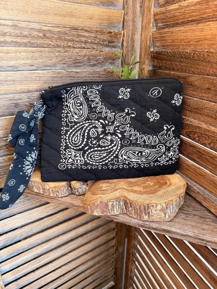 Black & White Bandana Paisley Clutch Purse Makeup Bag