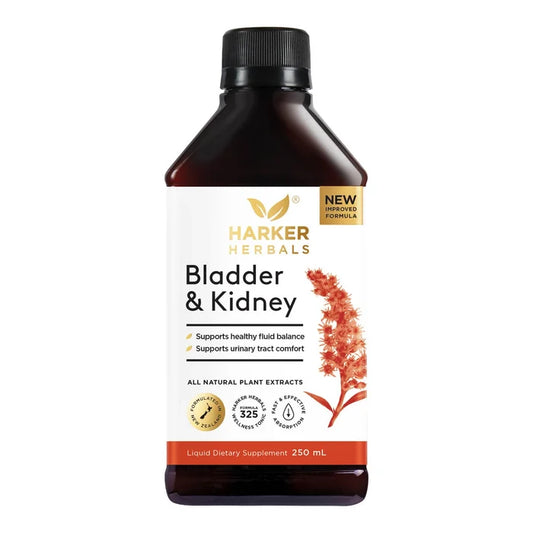 Harker Herbals Bladder & Kidney 250ml bottle on a white background. Supports healthy fluid balance, supports urinary tract comfort. Made with all natural plant extracts.