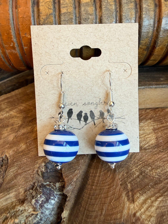 Blue and white striped bead dangle earrings with fish hooks and small top charm