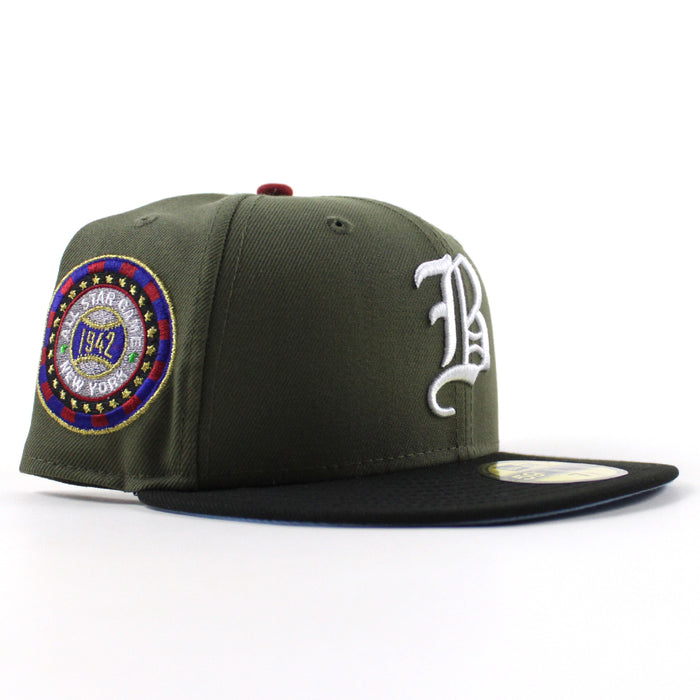 Boston Braves 1942 All Star Game New Era 59Fifty Fitted Hat (Olive Green Black Sky Blue Under Brim)