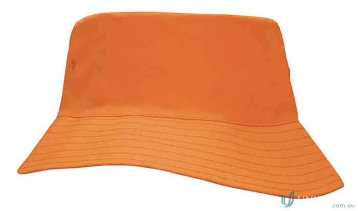 Orange bucket hat with stitched brim from Breathable Poly Twill Kids Bucket Hat, great for uniforms and workwear FAQs