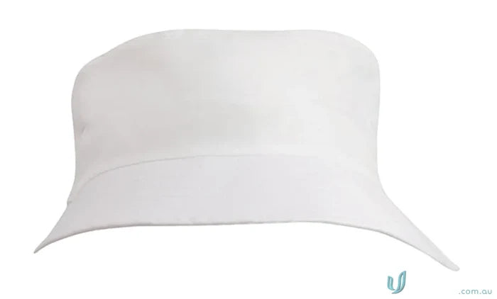 Plain white bucket hat from Breathable Poly Twill Kids Bucket Hat, perfect for uniforms or casual workwear, FAQ link included