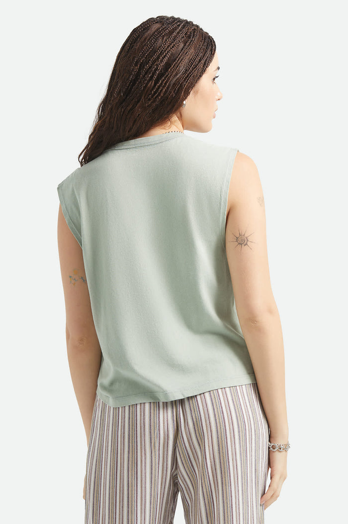 Women's Brixton Ranch Muscle Tank in the color Sage Green - Women's Back View