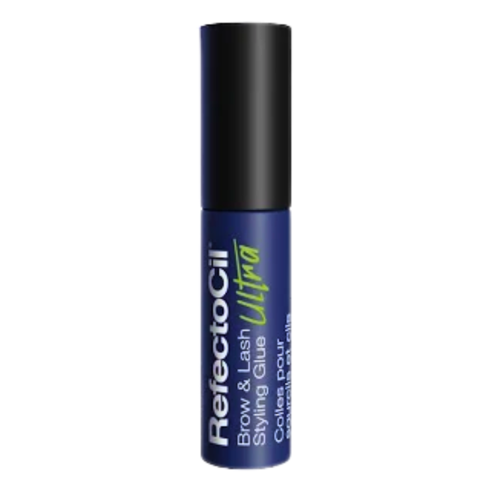 K035 Refectocil Ultra Eyelash and Brow Styling Gel | A single tube of Refectocil Brow & Lash Styling Glue in the shade Ultra, featuring a dark blue body and a black cap, set against a plain white background.