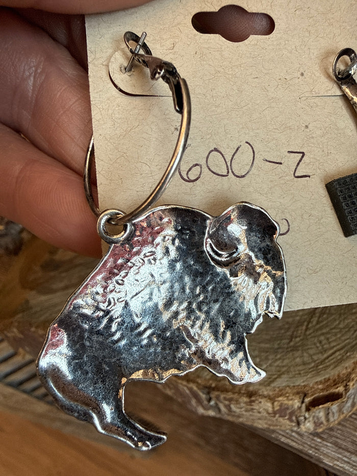 Silver-tone buffalo hoop drop earring with textured body and curved metal loop