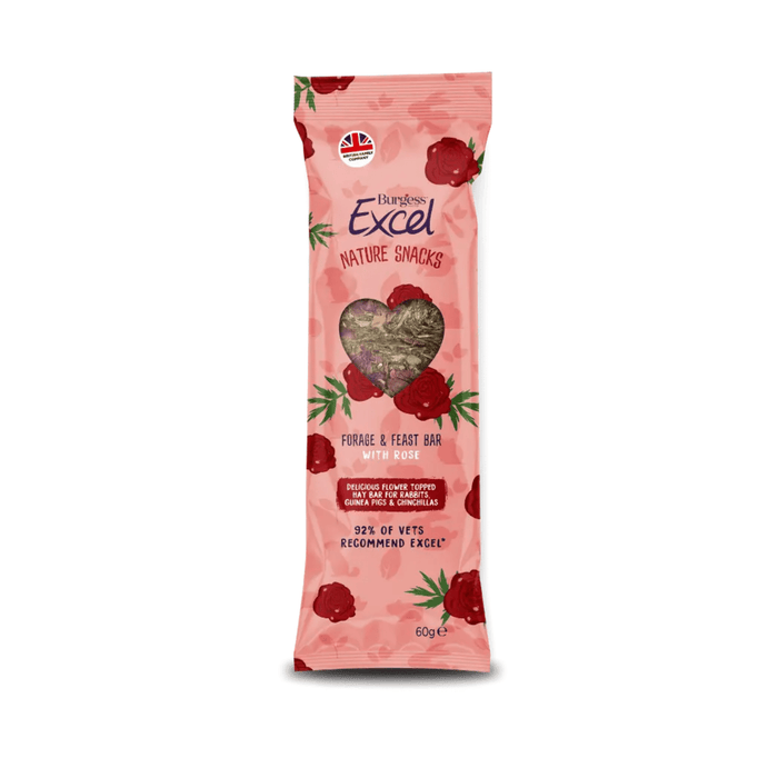 White background with a picture of a pink Burgess Excel Nature Snacks Forage & Feast Bar with Rose with illustrated Roses pictured on the packet. A heart shaped window shows the bar inside.