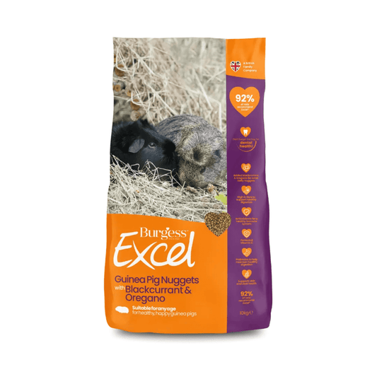 White background with a bag of Burgess Guinea Pig Nuggets with Blackcurrant & Oregano dry food. On the bag is two Guinea pigs on a hay bale. Text on the bag reads 'Burgess Excel, Guinea Pig Nuggets with Blackcurrant & Oregano.'