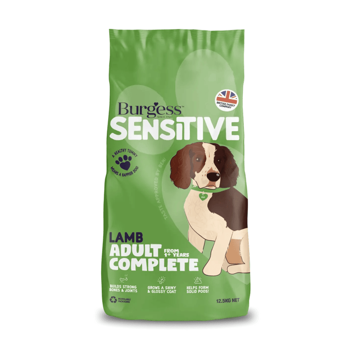 White background with a green bag of Burgess Sensitive Adult dry food. On the bag is a illustration of a spaniel type dog. Text on the bag reads 'Burgess Sensitive, Lamb Adult Complete, from 1+ years'.
