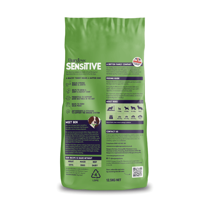 White background with back view of a green bag of Burgess Sensitive Lamb Adult dry dog food.