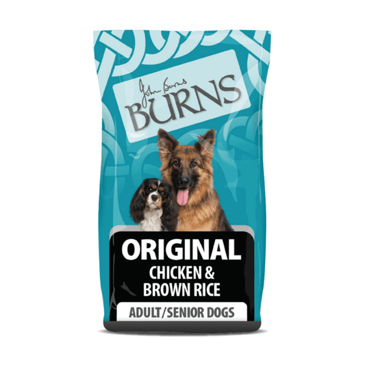 White background with a bag of Burns Original Chicken dry dog food, pictured on the bag is a German Shepherd and a Cavalier King Charles Spaniel below is text 'Original Chicken & Brown Rice, Adult/Senior Dogs'.