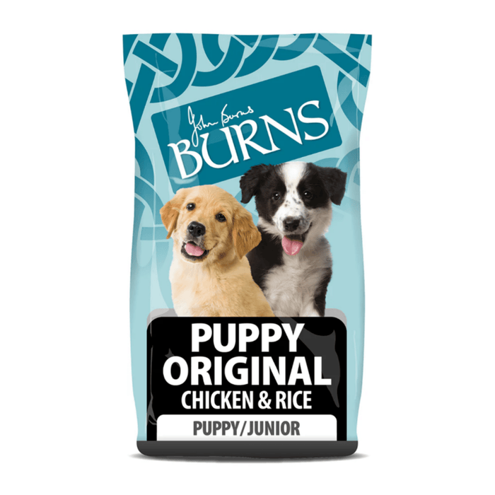 White background with a bag of Burns Original Chicken dry puppy food, pictured on the bag is a Border Collie and Labrador puppies below is text 'Original Chicken & Rice, Puppy/Junior'.