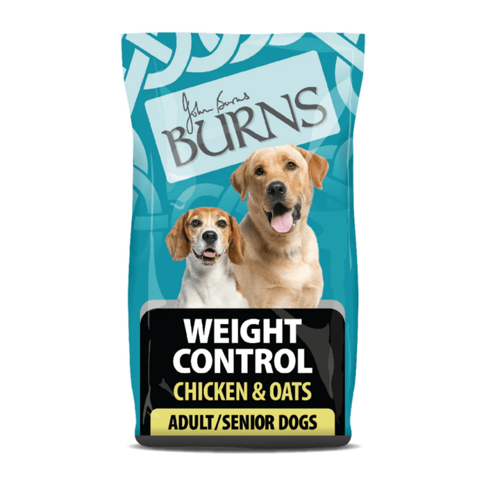White background with a bag of Burns Weight Control Chicken dry dog food, pictured on the bag is a Golden Labrador and a Beagle below is text 'Weight Control Chicken & Oats, Adult/Senior Dogs'.