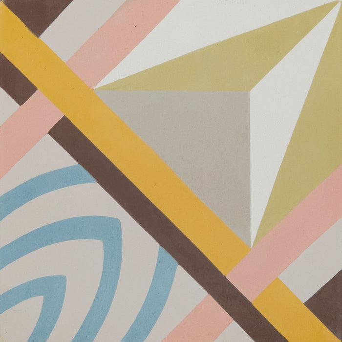 Geometric pattern tile with triangles, squares and curved lines in various colours.
