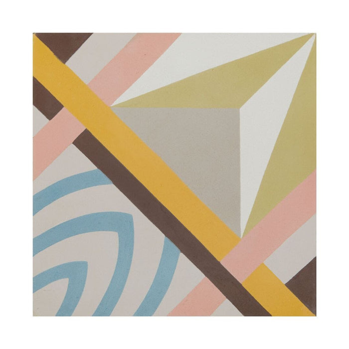 Geometric pattern tile with triangles, squares and curved lines in various colours.