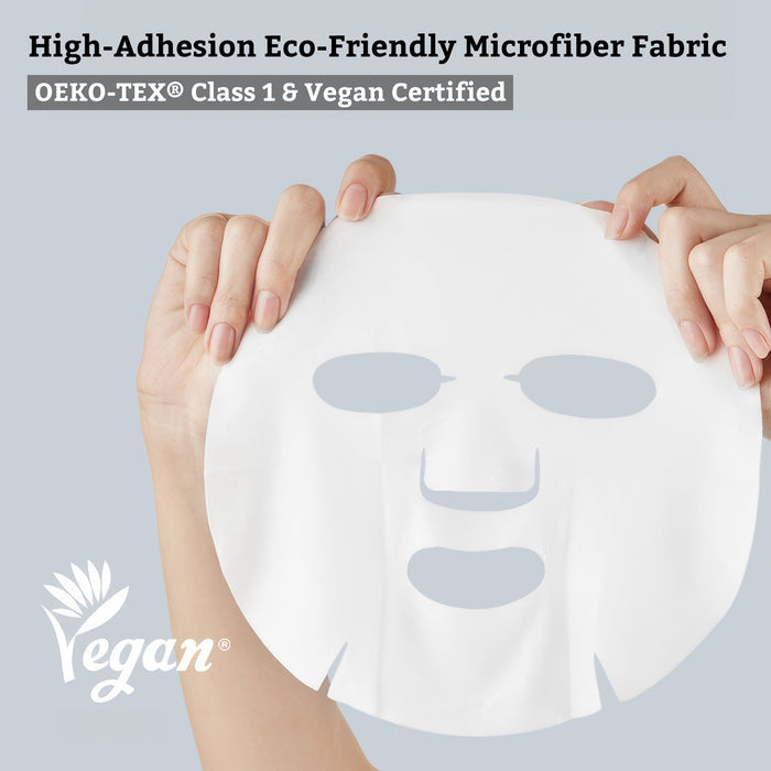 Hands holding a white face mask made of high-adhesion eco-friendly microfiber fabric with cutouts for eyes, nose, and mouth, featuring the Calming Biotics Essential Mask | Leaders text visible above.