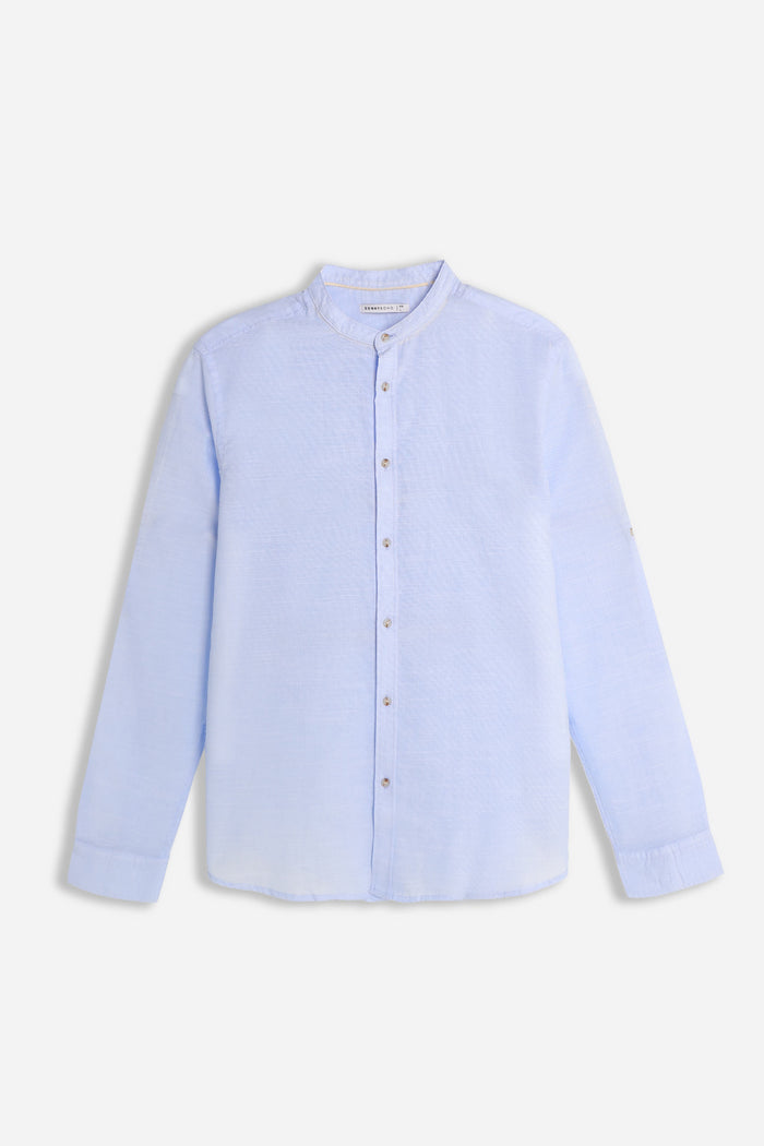 CAMICIA COLLO COREANO COTONE SLUB AZZURRO