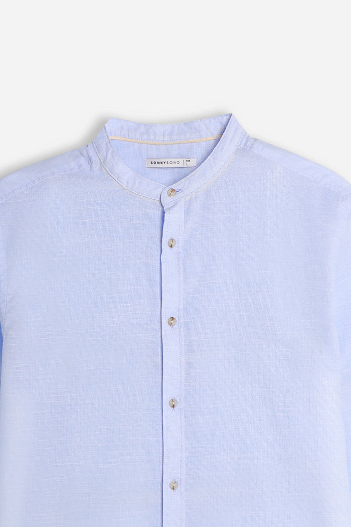 CAMICIA COLLO COREANO COTONE SLUB AZZURRO