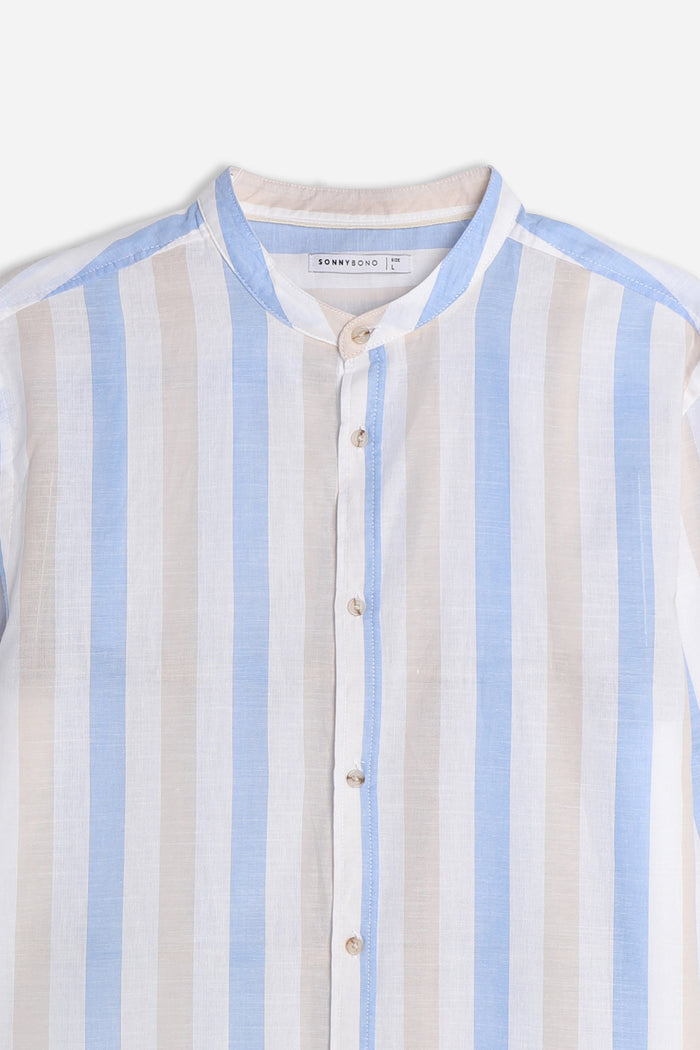 CAMICIA COLLO COREANO COTONE SLUB F AZZURRO