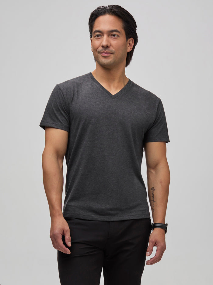 Kai is 5'8" and wears a size Medium Short  # Charcoal V-Neck now available in Short Length | Fresh Clean Threads