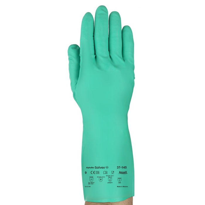 Chemical safe green nitrile glove with Ansel Solvex brand label on a white background
