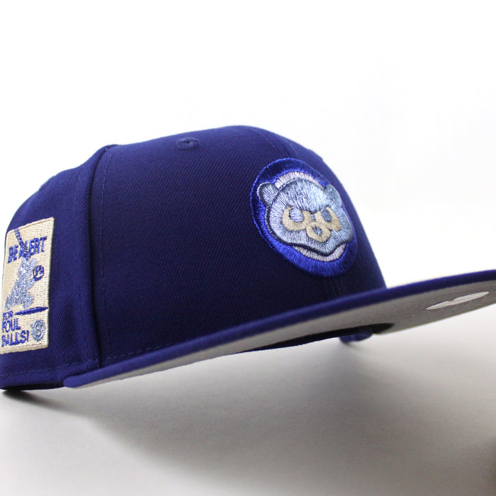 Chicago Cubs be Alert For Foul Balls New Era 59Fifty Fitted Hat (Dark Royal Blue Gray Under Brim)