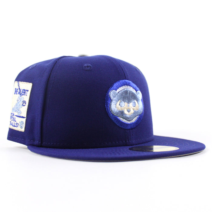 Chicago Cubs be Alert For Foul Balls New Era 59Fifty Fitted Hat (Dark Royal Blue Gray Under Brim)