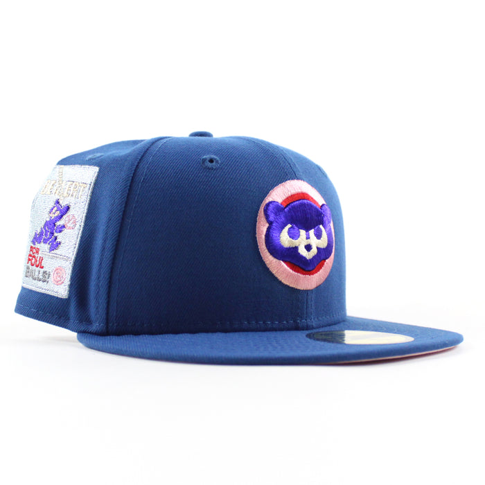 Chicago Cubs be Alert For Foul Balls New Era 59Fifty Fitted Hat (Seashore Blue Pink Under Brim)