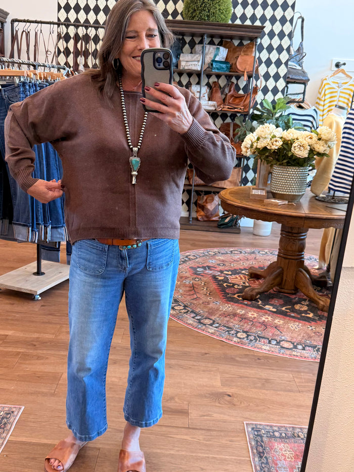 Chocolate Front Stitched Crew Neck Sweater