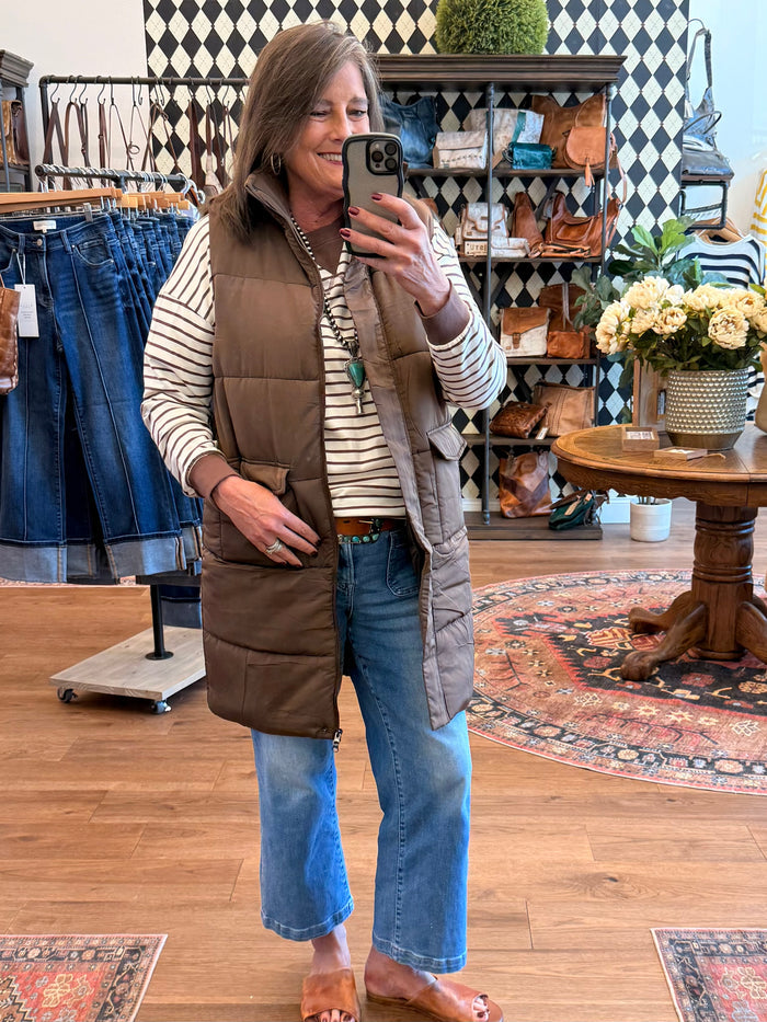Chocolate Quilted Zip Front Long Vest