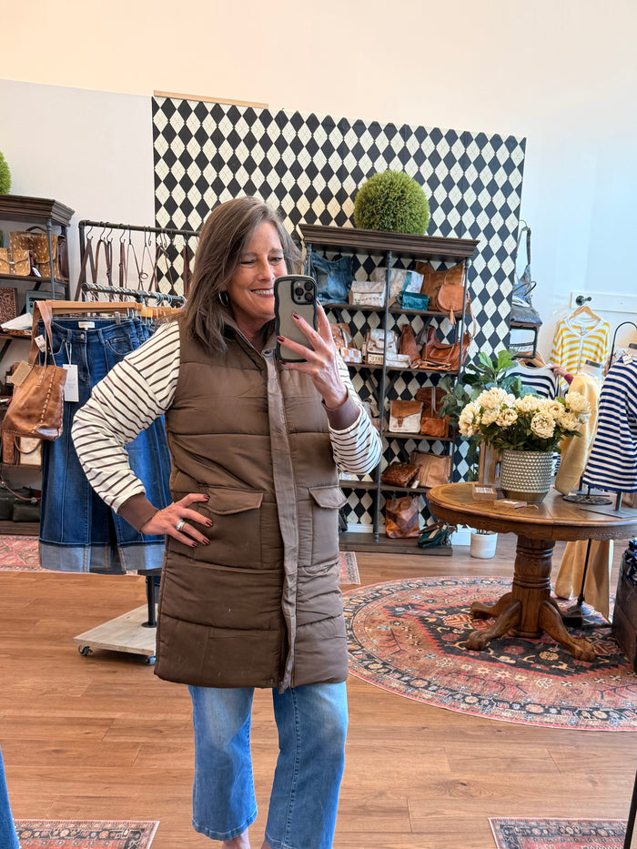 Chocolate Quilted Zip Front Long Vest