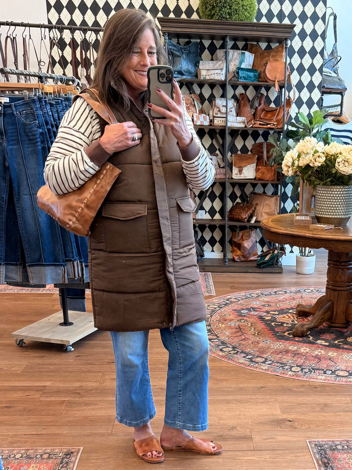 Chocolate Quilted Zip Front Long Vest