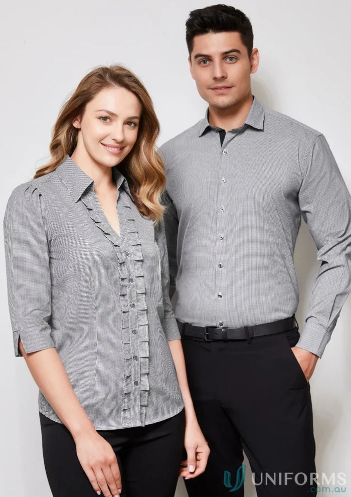 Two women in matching black and white patterned Ladies Edge 3Q Shirt from s267lt biz collection