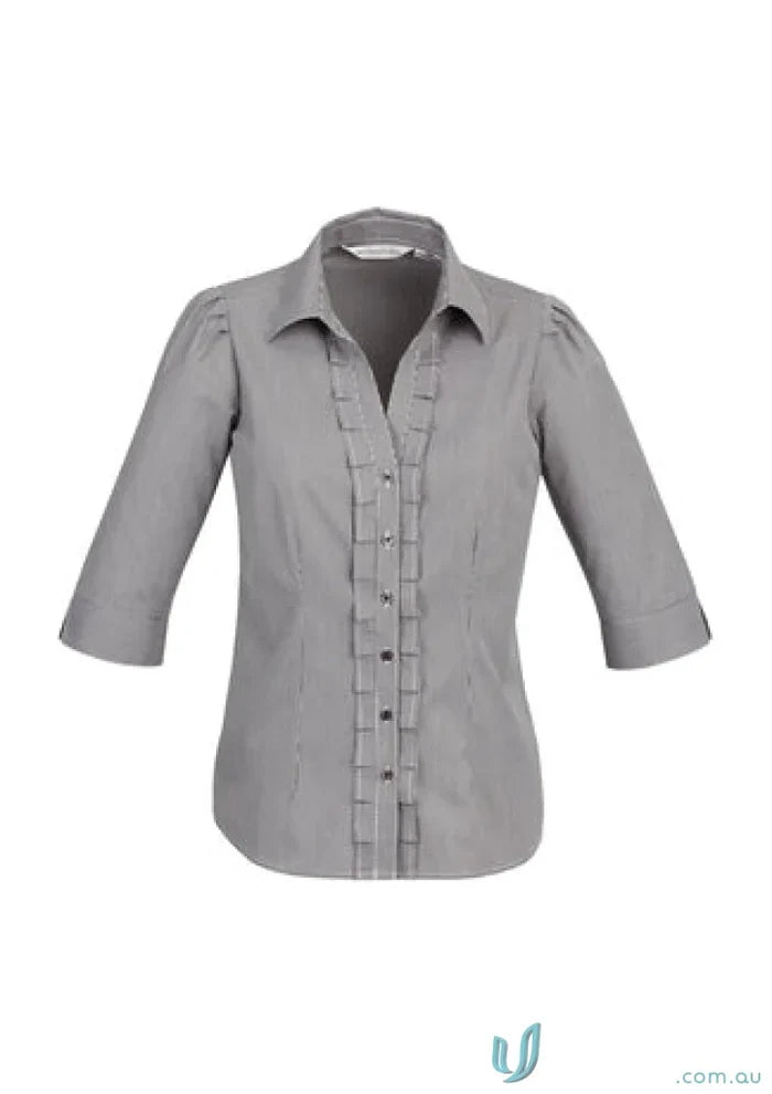 Ladies Edge 3QTR grey shirt from s267lt biz collection with ruffled placket details