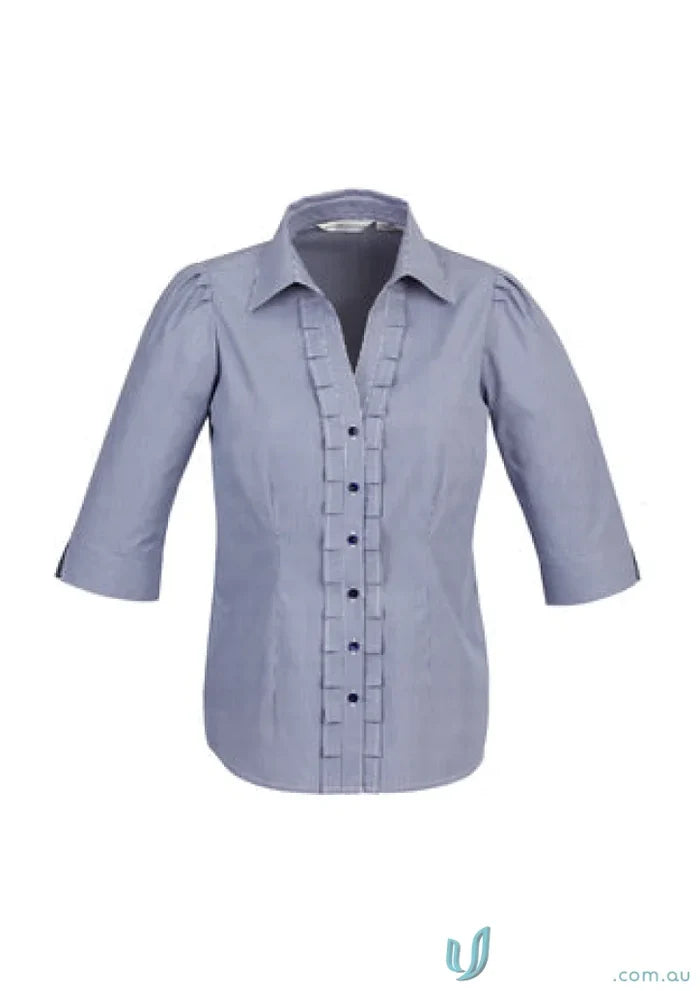 Light blue Ladies Edge 3Qtr S267LT shirt with ruffled placket and three-quarter sleeves