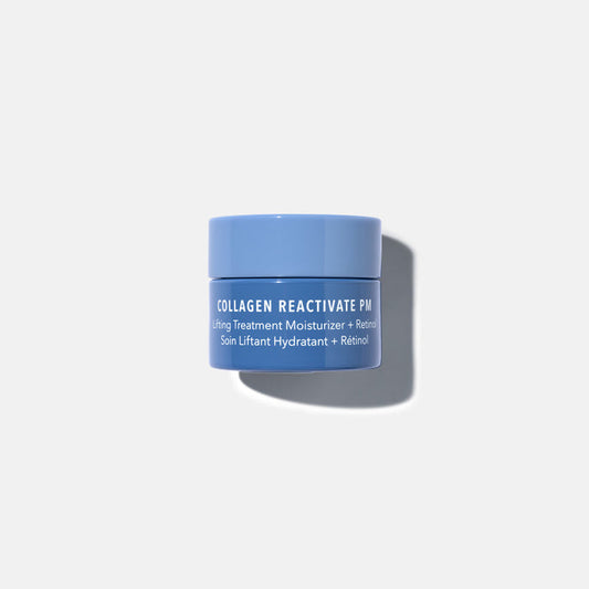Small blue jar of Collagen Reactivate PM .5 oz | HydroPeptide moisturizing cream with retinol for skincare, shown against a plain light background with soft shadow.