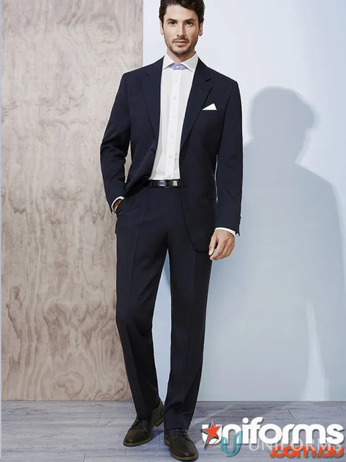 Navy blue cool stretch flat front pant perfect for stylish workwear in customer-facing roles