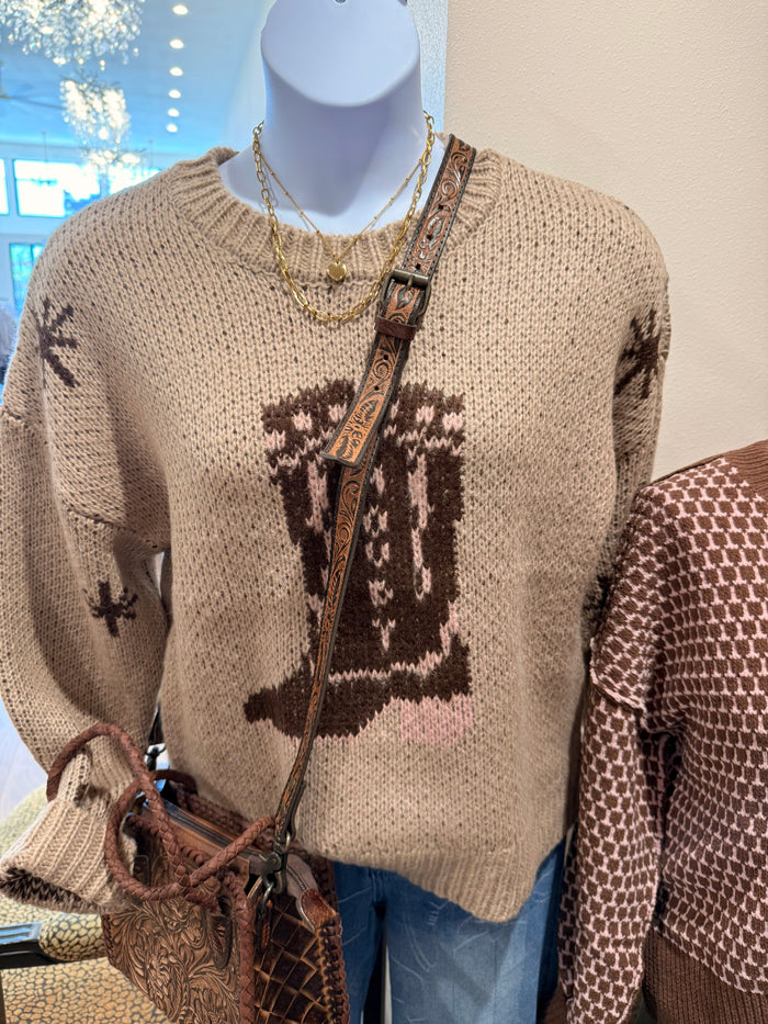 Cowboy boot graphic crew-neck knit sweater with long sleeves, tan base and dark accents