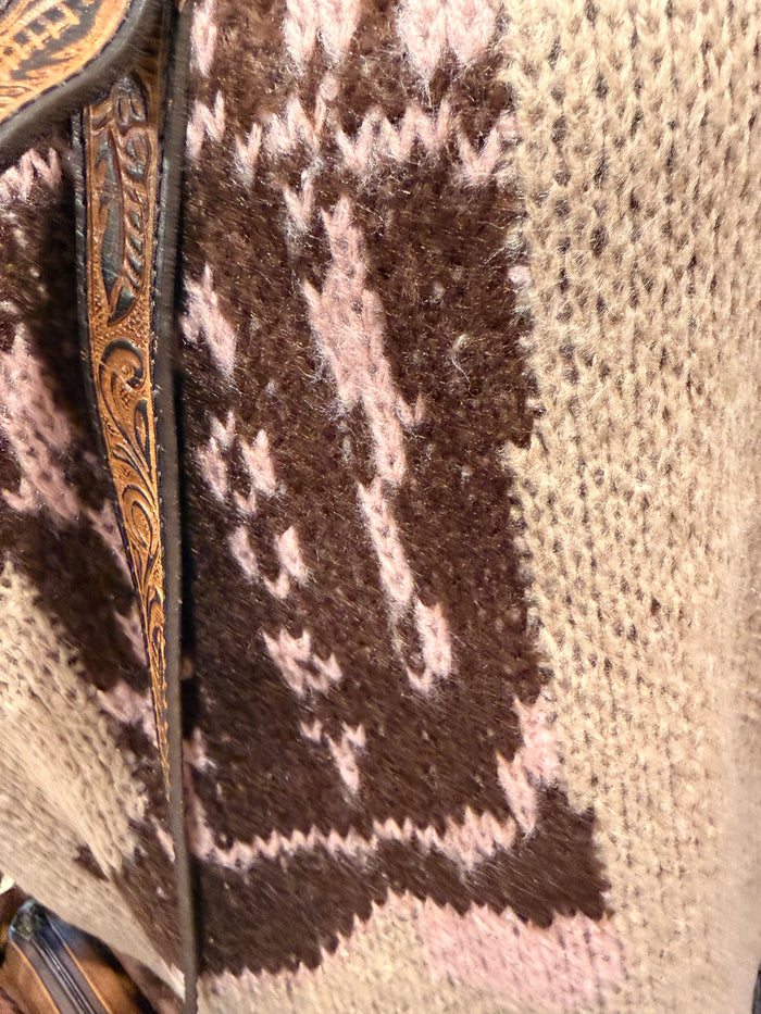 Cowboy boot knit crew-neck sweater, brown and cream fair-isle pattern panel close-up