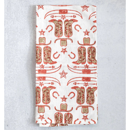 Cowgirl Boots Block Print Tea Towel