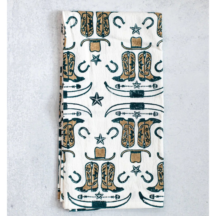 Cowgirl Boots Block Print Tea Towel