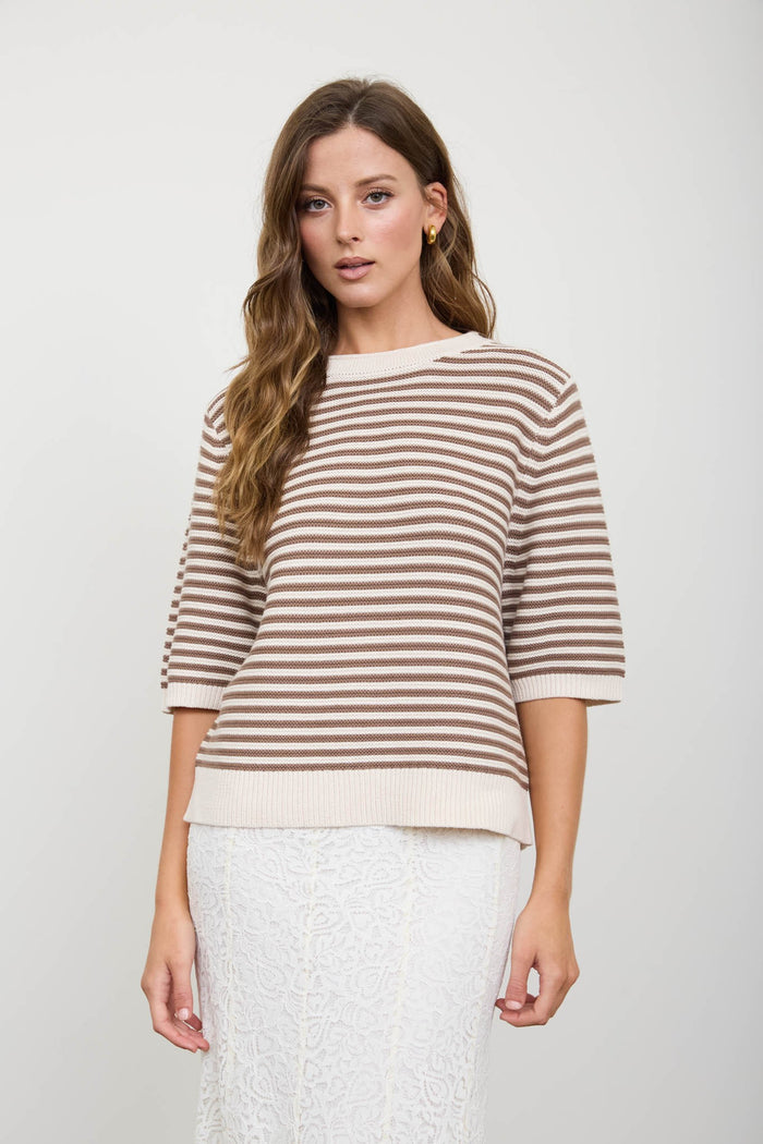 Cream cotton sweater with tan horizontal stripes, 3/4 sleeves, ribbed hem