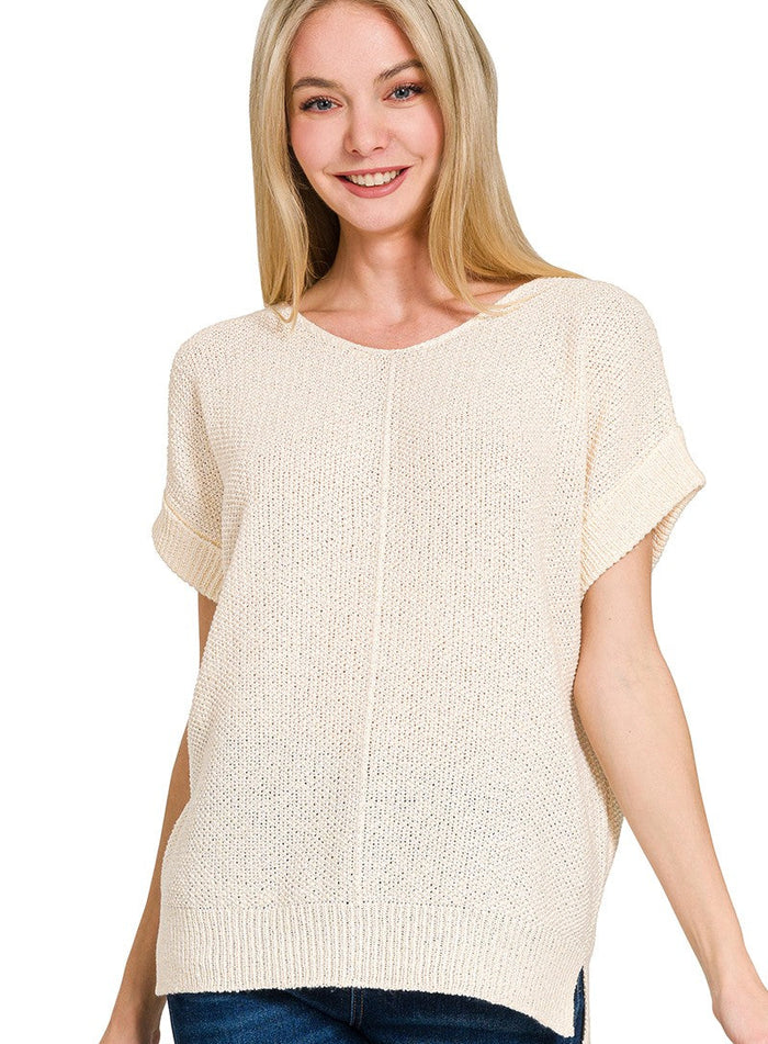 Cream knit v-neck short-sleeve sweater with front seams